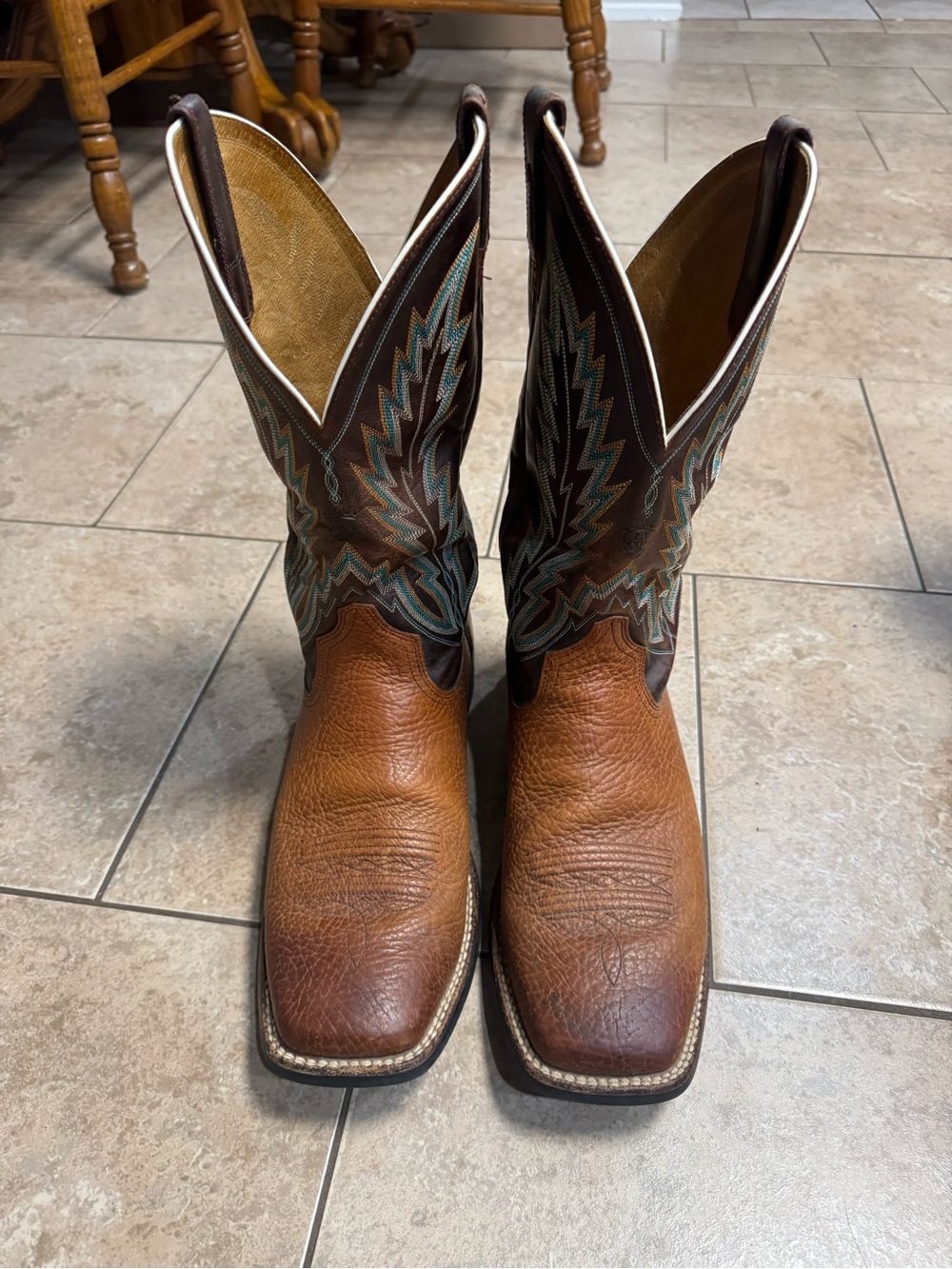Ariat Brown Leather Cowboy Boots with Teal & Cream Stitching